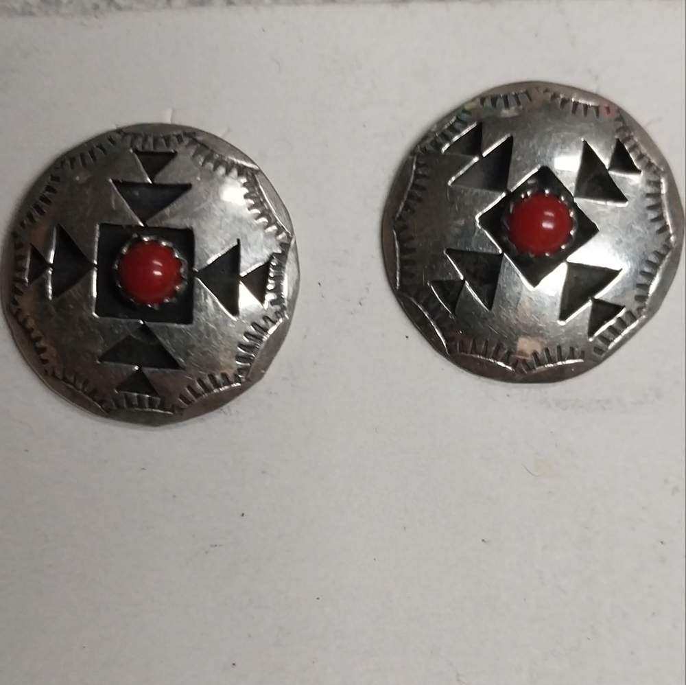 Vintage Navajo-Made Sterling Shadowbox Red Coral Earrings, Felix Perry.